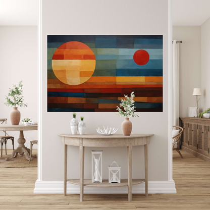 Geometrische Weerspiegeling van Zonsondergang en Nacht canvas met baklijst