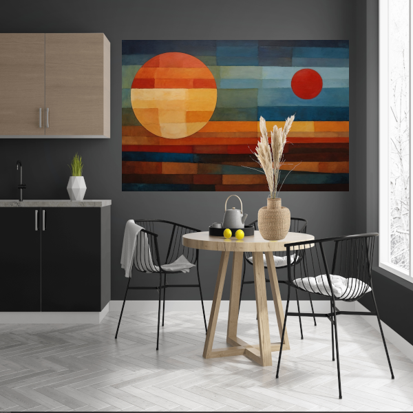 Geometrische Weerspiegeling van Zonsondergang en Nacht canvas met baklijst