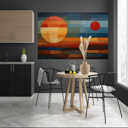 Geometrische Weerspiegeling van Zonsondergang en Nacht canvas met baklijst