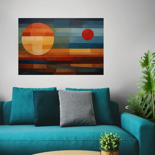 Geometrische Weerspiegeling van Zonsondergang en Nacht canvas met baklijst