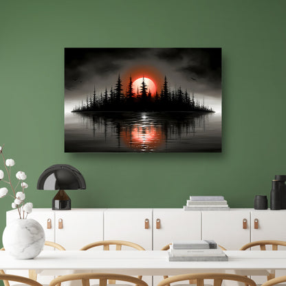 Minimalistisch schilderij van silhouet eiland en zonsopgang acrylglas