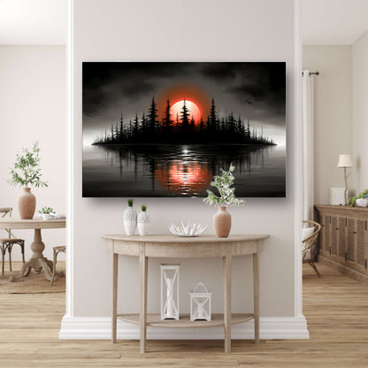 Minimalistisch schilderij van silhouet eiland en zonsopgang acrylglas