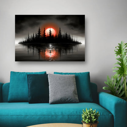 Minimalistisch schilderij van silhouet eiland en zonsopgang acrylglas