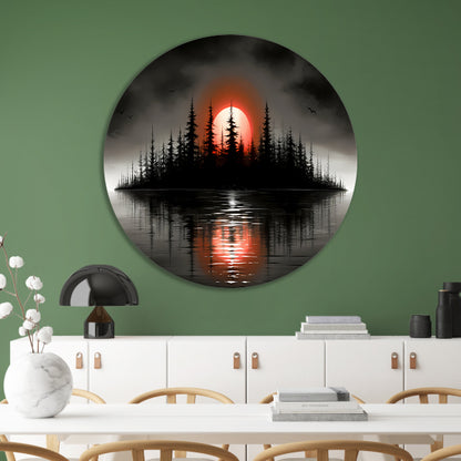 Minimalistisch schilderij van silhouet eiland en zonsopgang aluminium muurcirkel