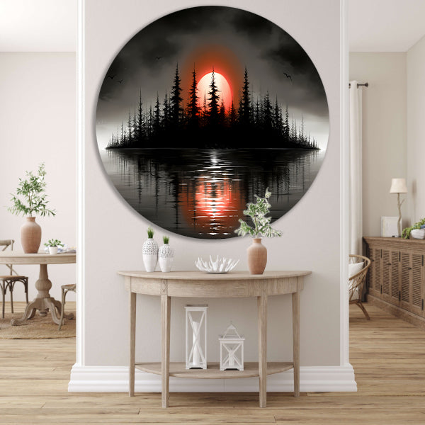 Minimalistisch schilderij van silhouet eiland en zonsopgang forex muurcirkel