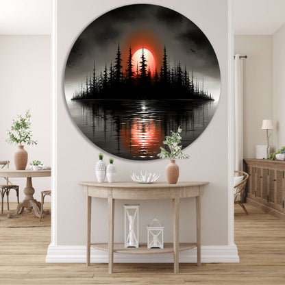 Minimalistisch schilderij van silhouet eiland en zonsopgang forex muurcirkel