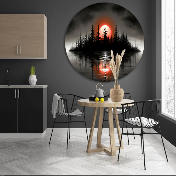 Minimalistisch schilderij van silhouet eiland en zonsopgang forex muurcirkel