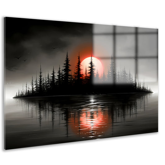 Minimalistisch schilderij van silhouet eiland en zonsopgang acrylglas