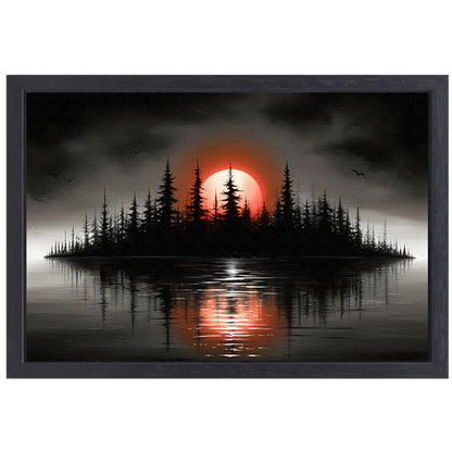 Minimalistisch schilderij van silhouet eiland en zonsopgang canvas met baklijst