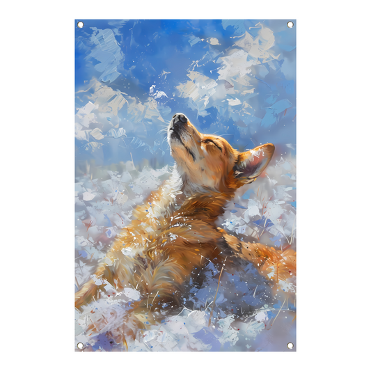 Hond genietend van de sneeuw en zon tuinposter