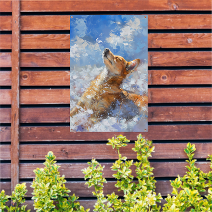 Hond genietend van de sneeuw en zon tuinposter