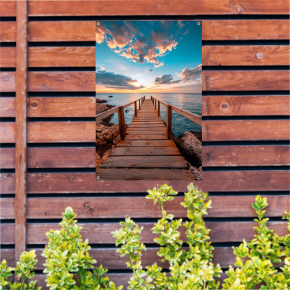 Houten steiger bij zonsondergang, rustgevend zeezicht tuinposter