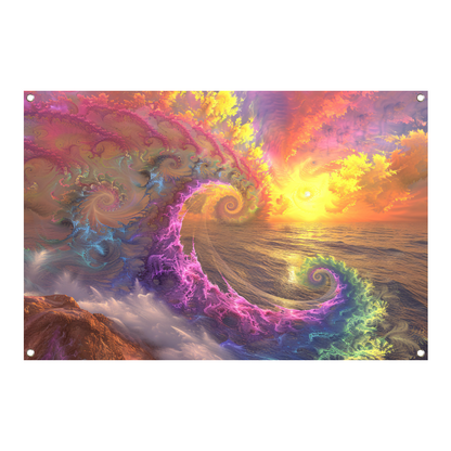 Impressionistische zonsondergang boven de golven tuinposter