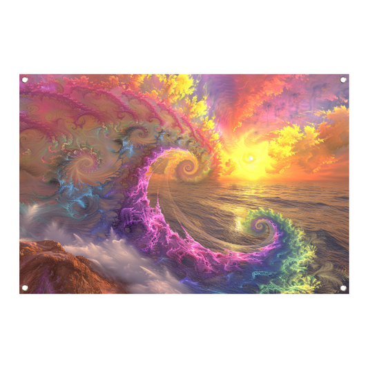 Impressionistische zonsondergang boven de golven tuinposter