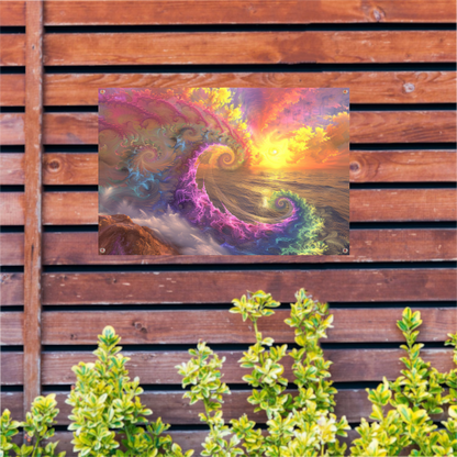 Impressionistische zonsondergang boven de golven tuinposter