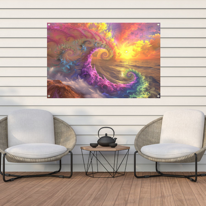 Impressionistische zonsondergang boven de golven tuinposter