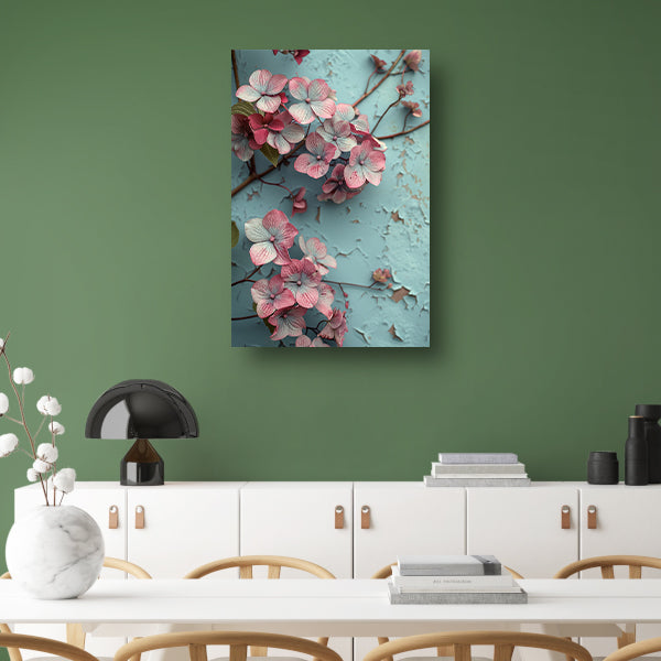 Roze bloemen tegen verweerde blauwe muur canvas