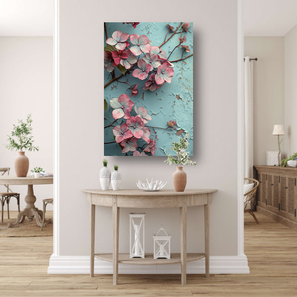 Roze bloemen tegen verweerde blauwe muur canvas