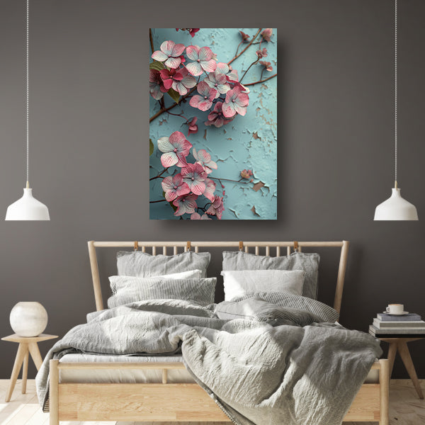 Roze bloemen tegen verweerde blauwe muur canvas
