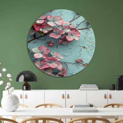 Roze bloemen tegen verweerde blauwe muur aluminium muurcirkel
