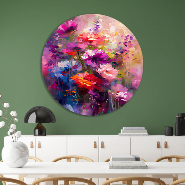 Abstracte bloemen in levendige kleuren aluminium muurcirkel