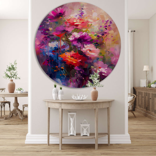 Abstracte bloemen in levendige kleuren aluminium muurcirkel