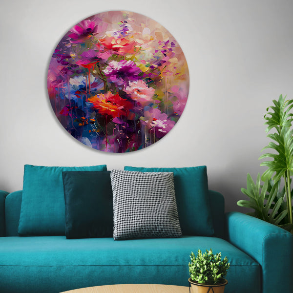 Abstracte bloemen in levendige kleuren aluminium muurcirkel