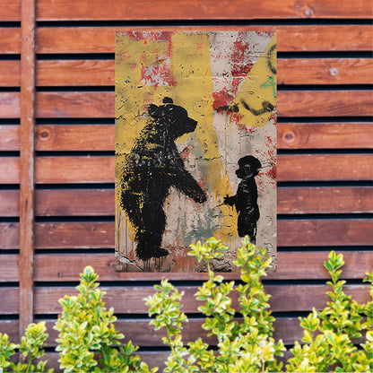 Zwart-wit street art beer en kind tuinposter