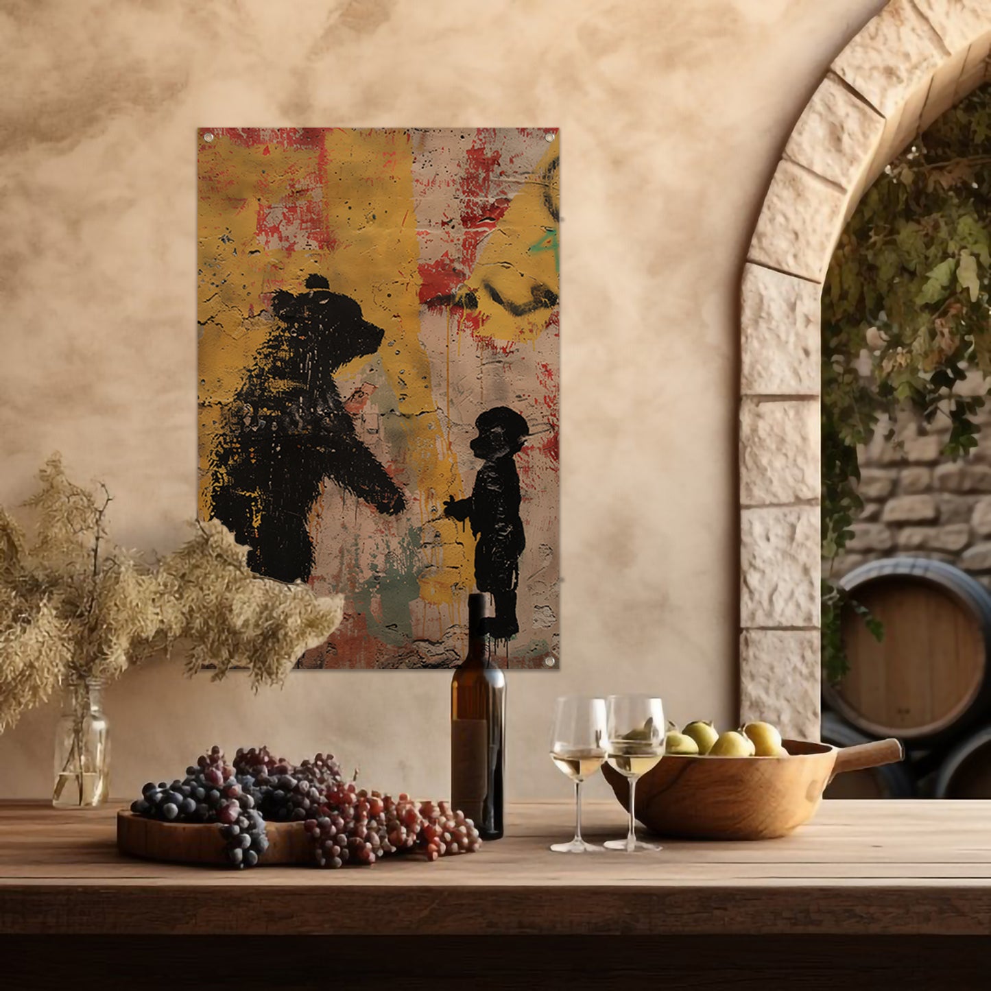 Zwart-wit street art beer en kind tuinposter