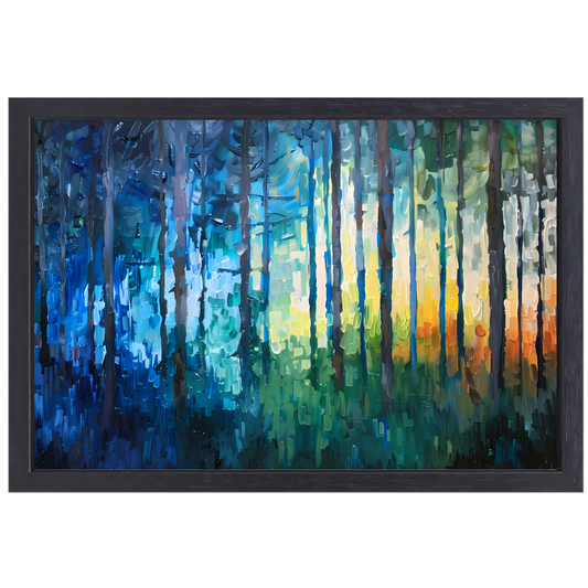 Abstract expressionistisch bos in kleurrijke olieverf canvas met baklijst