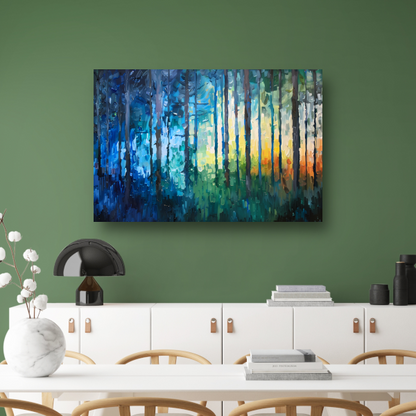Abstract expressionistisch bos in kleurrijke olieverf canvas met baklijst