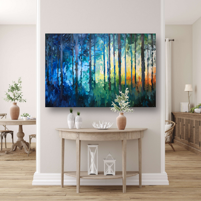 Abstract expressionistisch bos in kleurrijke olieverf canvas met baklijst