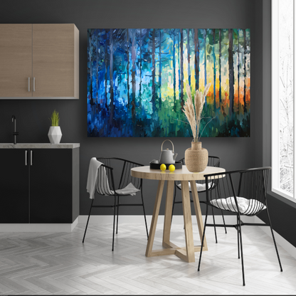 Abstract expressionistisch bos in kleurrijke olieverf canvas met baklijst