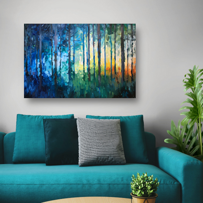 Abstract expressionistisch bos in kleurrijke olieverf canvas met baklijst