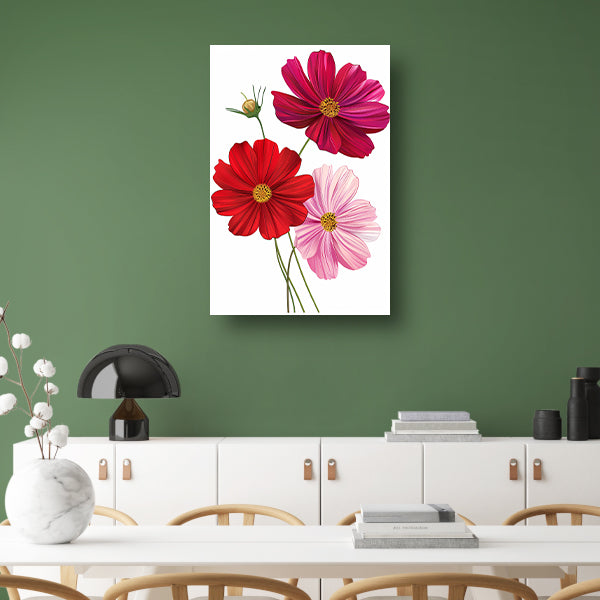 Drie Kosmosbloemen in zachte kleuren poster