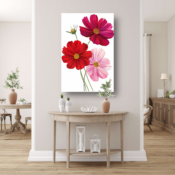 Drie Kosmosbloemen in zachte kleuren poster