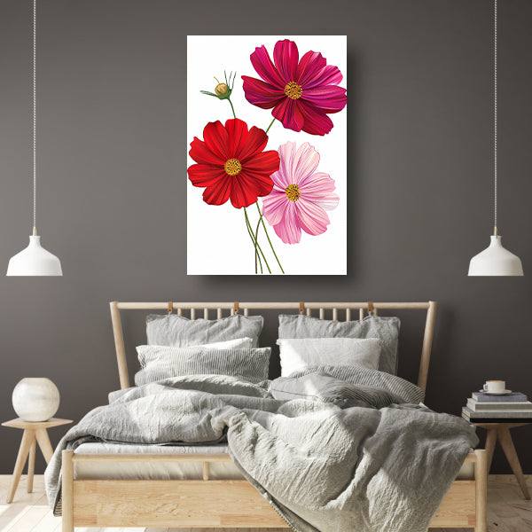 Drie Kosmosbloemen in zachte kleuren poster