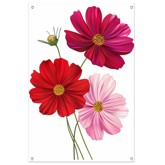 Drie Kosmosbloemen in zachte kleuren tuinposter