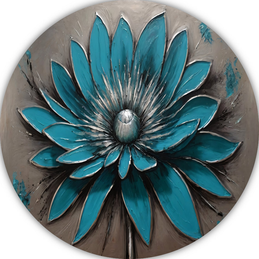Turkooise Bloem met Zilveren Accenten aluminium muurcirkel