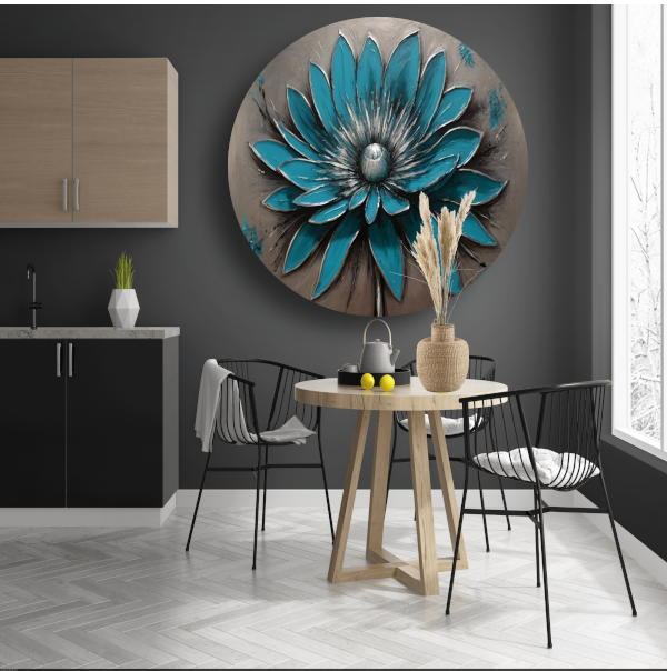 Turkooise Bloem met Zilveren Accenten aluminium muurcirkel