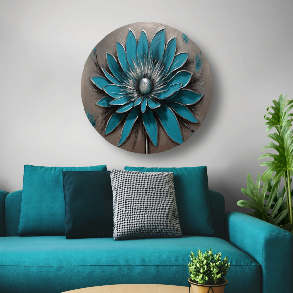 Turkooise Bloem met Zilveren Accenten aluminium muurcirkel