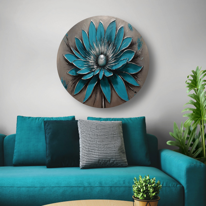Turkooise Bloem met Zilveren Accenten aluminium muurcirkel