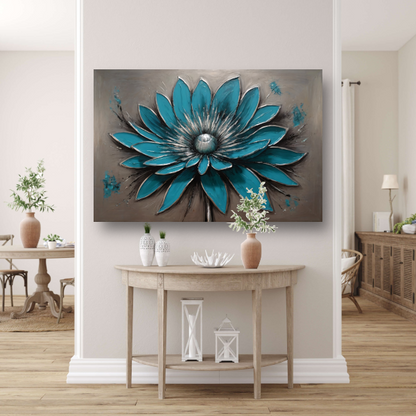 Turkooise Bloem met Zilveren Accenten canvas met baklijst