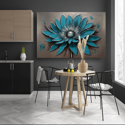 Turkooise Bloem met Zilveren Accenten canvas met baklijst