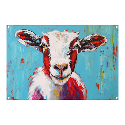 Expressieve kleurrijke geitenkunst op levendige achtergrond tuinposter