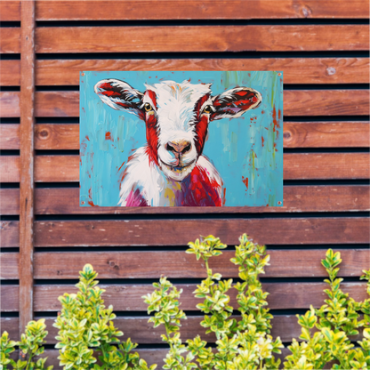 Expressieve kleurrijke geitenkunst op levendige achtergrond tuinposter