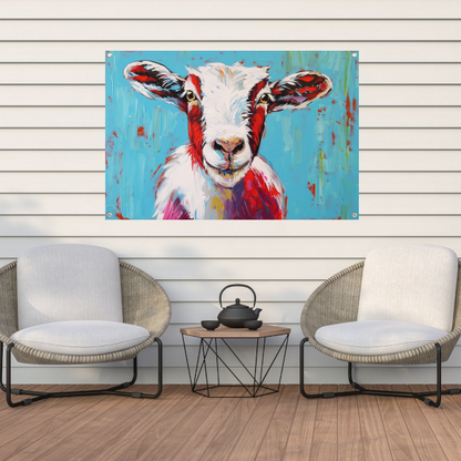 Expressieve kleurrijke geitenkunst op levendige achtergrond tuinposter