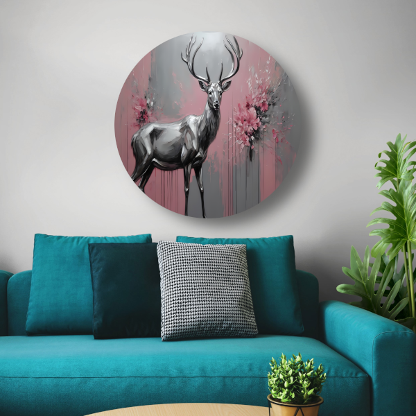 Abstract Zilver Hert in Roze Bloemenveld aluminium muurcirkel