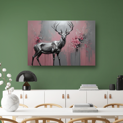 Abstract Zilver Hert in Roze Bloemenveld canvas met baklijst