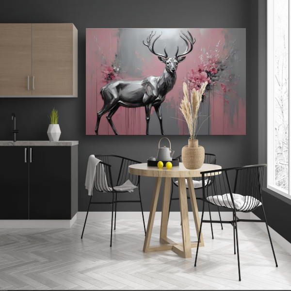 Abstract Zilver Hert in Roze Bloemenveld canvas met baklijst